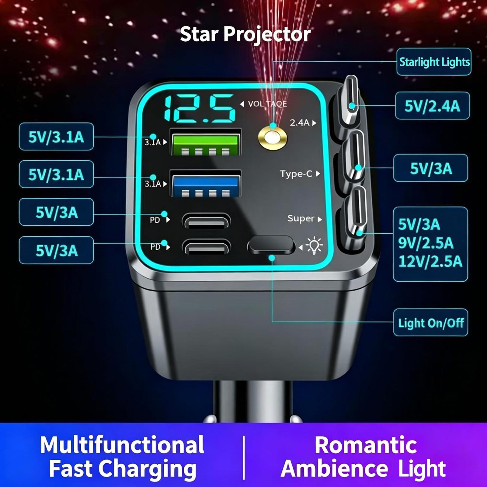 Car Charger - Carregador retrátil para carro, 102W, carregamento